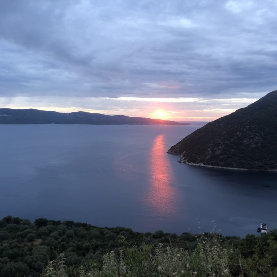 The sun setting on the Islands of Cephalonia and Ithaca, Greece.