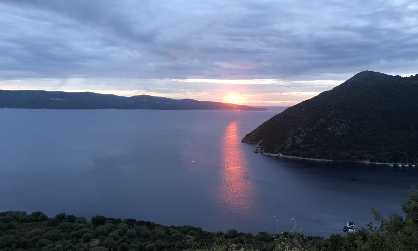 The sun setting on the Islands of Cephalonia and Ithaca, Greece.