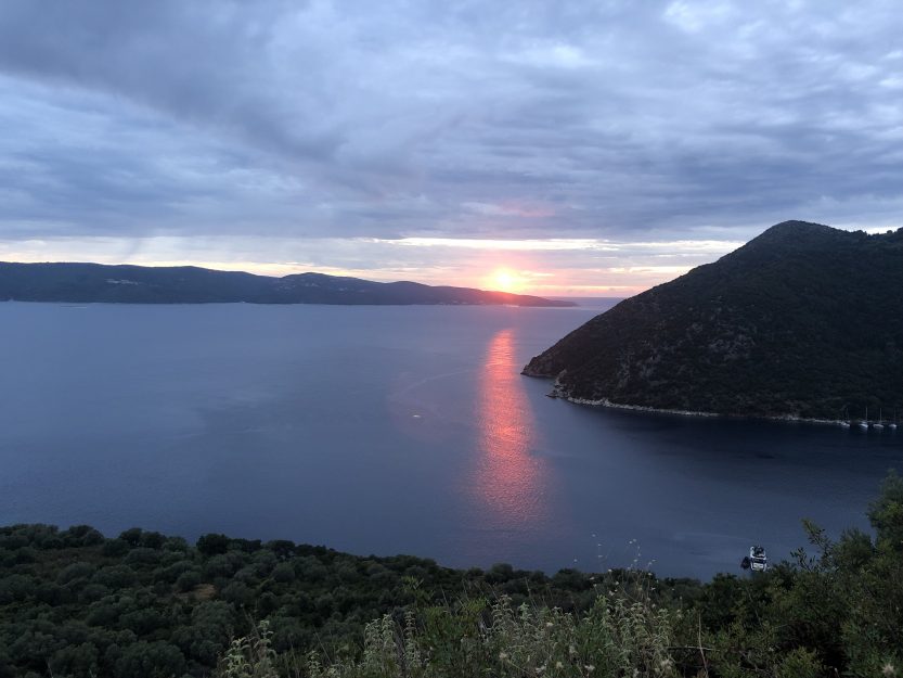 The sun setting on the Islands of Cephalonia and Ithaca, Greece.